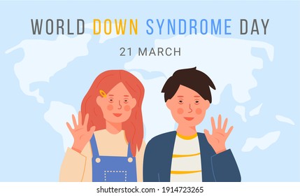 Día Mundial del Síndrome de Down. Sonriente niña y niño ondeando en el fondo del mapa del mundo azul. Enfermedad genética. Enfermedad cromosómica extra. Caracteres particulares de los niños con necesidades especiales. Cartel vector, afiche web.
