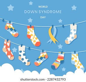 World down syndrome day. Socks on ropes with blue ribbon. Greeting card design element. Childhood Illness Awareness month.