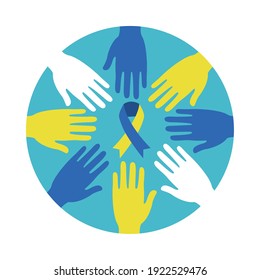 World down syndrome day, solidarity hands and ribbon over white background, colorful design, vector illustration