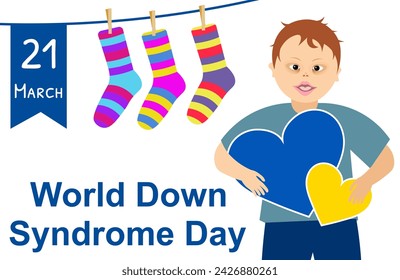 World Down syndrome day. Striped socks and boy on a white background. Down syndrome awareness concept.