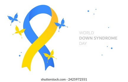 World Down Syndrome Day. Symbol of Down Syndrome. Yellow and blue ribbon and butterfly. Medical vector illustration. Health care