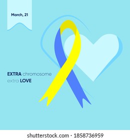 World Down Syndrome Day vector illustration. Blue and yellow colors, Autism syndrome ribbon on a blue background. Poster with the inscription Extra Chromosome Extra Love, March 21.
