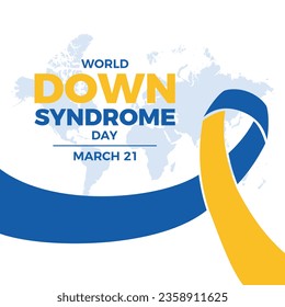 World Down Syndrome Day vector illustration. Blue and yellow awareness ribbon and world map icon vector. March 21 every year. Important day