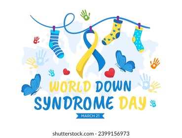 World Down Syndrome Day Vector Illustration on March 21 with Blue and Yellow Ribbon, Earth Map, Unpaired Socks and Kids in Flat Cartoon Background