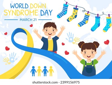 World Down Syndrome Day Vector Illustration on March 21 with Blue and Yellow Ribbon, Earth Map, Unpaired Socks and Kids in Flat Cartoon Background