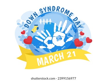 World Down Syndrome Day Vector Illustration on March 21 with Blue and Yellow Ribbon, Earth Map, Unpaired Socks and Kids in Flat Cartoon Background