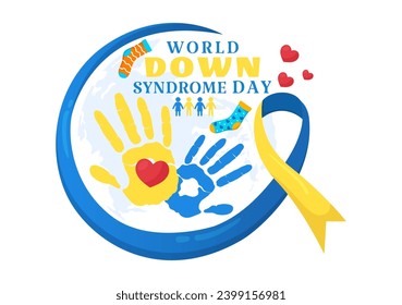 World Down Syndrome Day Vector Illustration on March 21 with Blue and Yellow Ribbon, Earth Map, Unpaired Socks and Kids in Flat Cartoon Background