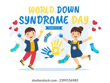 World Down Syndrome Day Vector Illustration on March 21 with Blue and Yellow Ribbon, Earth Map, Unpaired Socks and Kids in Flat Cartoon Background