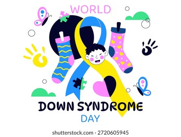Día Mundial del Síndrome de Down Ilustración vectorial 21 de marzo con cinta amarilla azul Mapa de la tierra Calcetines sin pareja Niños Fondo plano de dibujos animados