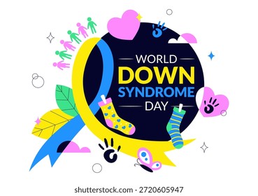 Día Mundial del Síndrome de Down Ilustración vectorial 21 de marzo con cinta amarilla azul Mapa de la tierra Calcetines sin pareja Niños Fondo plano de dibujos animados