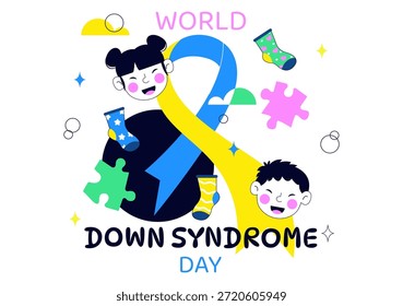 Día Mundial del Síndrome de Down Ilustración vectorial 21 de marzo con cinta amarilla azul Mapa de la tierra Calcetines sin pareja Niños Fondo plano de dibujos animados