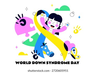 Día Mundial del Síndrome de Down Ilustración vectorial 21 de marzo con cinta amarilla azul Mapa de la tierra Calcetines sin pareja Niños Fondo plano de dibujos animados