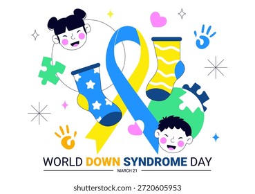 Día Mundial del Síndrome de Down Ilustración vectorial 21 de marzo con cinta amarilla azul Mapa de la tierra Calcetines sin pareja Niños Fondo plano de dibujos animados