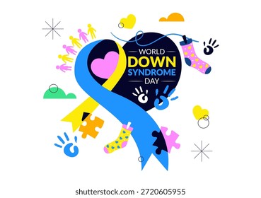 Día Mundial del Síndrome de Down Ilustración vectorial 21 de marzo con cinta amarilla azul Mapa de la tierra Calcetines sin pareja Niños Fondo plano de dibujos animados