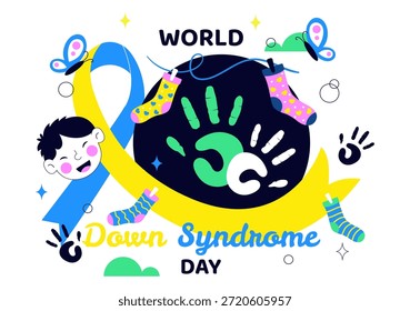 Día Mundial del Síndrome de Down Ilustración vectorial 21 de marzo con cinta amarilla azul Mapa de la tierra Calcetines sin pareja Niños Fondo plano de dibujos animados