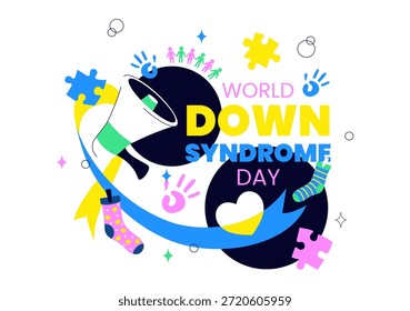 Día Mundial del Síndrome de Down Ilustración vectorial 21 de marzo con cinta amarilla azul Mapa de la tierra Calcetines sin pareja Niños Fondo plano de dibujos animados