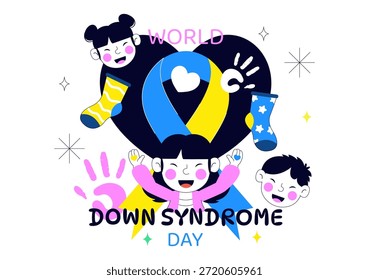 Día Mundial del Síndrome de Down Ilustración vectorial 21 de marzo con cinta amarilla azul Mapa de la tierra Calcetines sin pareja Niños Fondo plano de dibujos animados