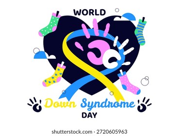 Día Mundial del Síndrome de Down Ilustración vectorial 21 de marzo con cinta amarilla azul Mapa de la tierra Calcetines sin pareja Niños Fondo plano de dibujos animados