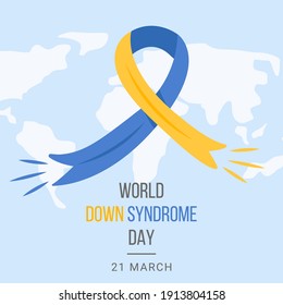 World Down Syndrome Day Web Banner, Poster or Card. Blue and Yellow Ribbon and World Map on background. Symbol of genetic illness. Extra chromosome. Vector Illustration.