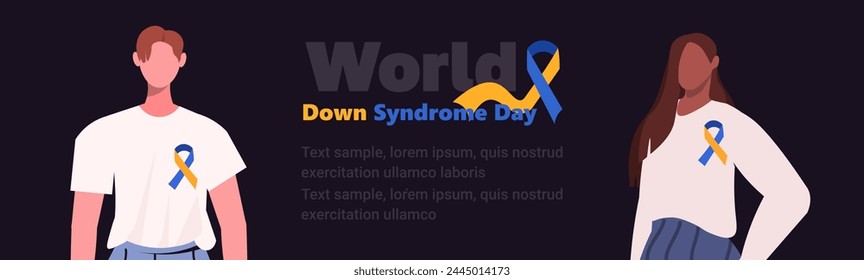World Down Syndrome Day. Young African American woman and young modern man with yellow blue ribbons. Every year on March 21th is the celebration of World Down Syndrome Day. Healthcare and medicine.