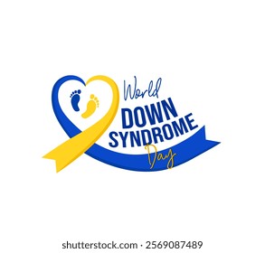 World Down Syndrome Day-themed design with yellow and blue colors, heart symbol, and footprint details conveying an awareness message.