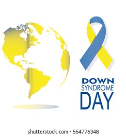 world and  down syndrome in yellow an d blue colors over white color backdrop