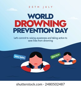 World Drowning Prevention Day. 25th July drowning prevention day celebration banner with a girl, boy in sea water, lifebuoy ring. The day is celebrated to recognise the problem and calling for action