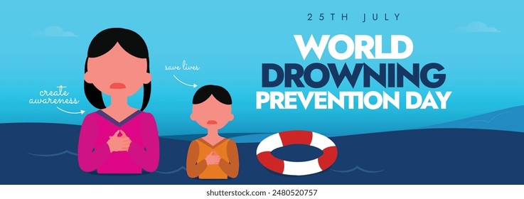 World Drowning Prevention Day. 25th July drowning prevention day celebration cover banner with a girl, boy in sea water, lifebuoy ring. The day is celebrated to recognise the problem and take action.