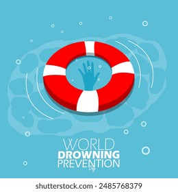 World Drowning Prevention Day event awareness banner. A red buoy with an illustration of someone's hand drowning in the water. To commemorate on July 25th