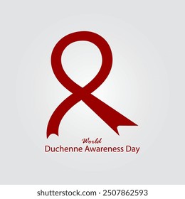 Día Mundial de Concienciación sobre Duchenne. Distrofia muscular de Duchenne (DMD). Vector, ilustración cinta roja.