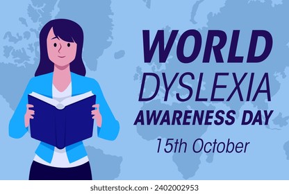 World dyslexia awareness day 15th October vector poster. Mental disorder trouble with reading. Difficulties learning, support concept. Person with book against the background of a world map