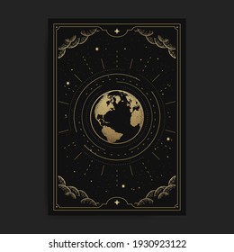 The world or earth, card illustration with esoteric, boho, spiritual, geometric, astrology, magic themes, for tarot reader card or posters 