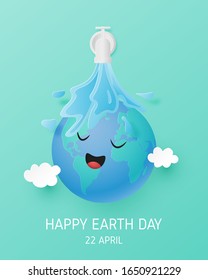 World earth day background concept. A water falling on Happy globe in paper cut style. Vector illustration. Digital craft paper art. poster, backdrop, banner.