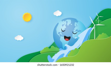 Concepto de fondo del Día Mundial de la Tierra. Feliz globo sobre el agua cae en la naturaleza en el estilo de corte de papel. Ilustración vectorial. Papel pintado de artesanía digital, fondo, banner.