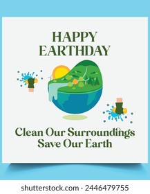 World Earth Day background with half globe in grass in cartoon style. Environmental and Climate Literacy. Vector illustration, card, banner, poster, calendar or placard template. April 22. Holiday.
