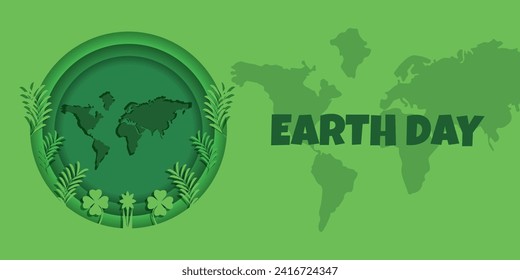 Banner del Día Mundial de la Tierra en el moderno estilo retro de "Cut Out Paper". Afiche del Día Geométrico Verde de la Tierra. La ilustración vectorial puede usar la web y el banner de los medios sociales. EPS 10