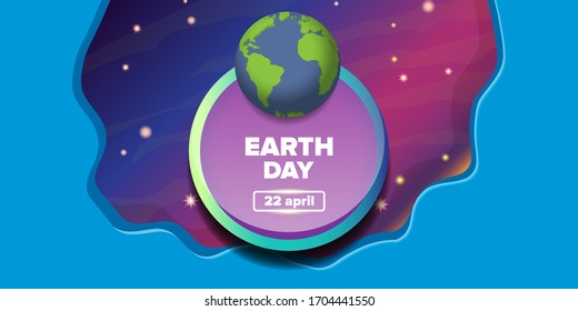 World earth day cartoon horizontal banner with earth globe isolated on violet space background with stars. Vector World earth day concept horizontal illustration with planet and stars