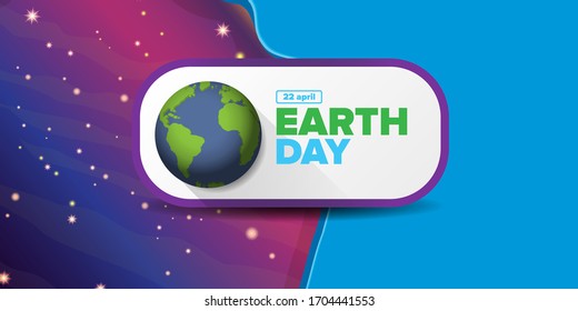 World earth day cartoon horizontal banner with earth globe isolated on violet space background with stars. Vector World earth day concept horizontal illustration with planet and stars