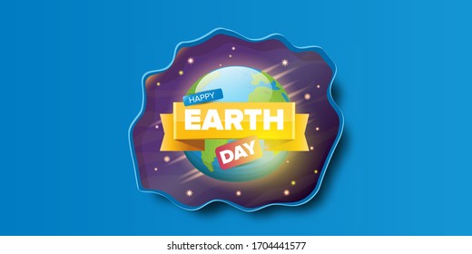 World earth day cartoon horizontal banner with earth globe isolated on violet space background with stars. Vector World earth day concept horizontal illustration with planet and stars