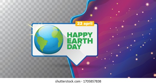 World earth day cartoon horizontal banner with earth globe isolated on transparent background. Vector World earth day concept horizontal illustration with planet and stars