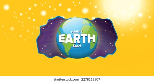 World earth day cartoon horizontal banner with earth globe isolated on violet space background with stars. Vector World earth day concept horizontal illustration with planet and stars