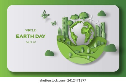 World Earth Day, cities and world filled with green leaves, paper illustration, and 3d paper.