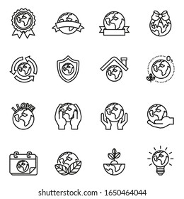 Concepto del Día Mundial de la Tierra. colección de iconos de globos terrestres con fondo blanco. Vector de material de estilo de línea.