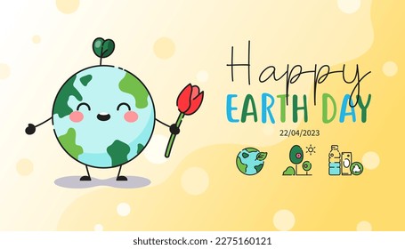 World earth day concept. Cute cartoon planet Earth globe with smile and flowers.
