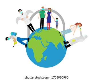 World earth day concept, Global locked down. Father Mother Kid, doctor fighting against virus, wearing mask design. Vector illustrations. Earth map corona virus COVID-19 Pandemic