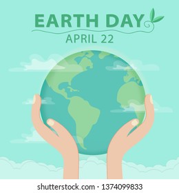 World Earth day concept, Hand holding globe earth, eco friendly design, Earth map shapes with shadow. Save the Earth concept. April 22, flat style, On green background.Vector illustration.