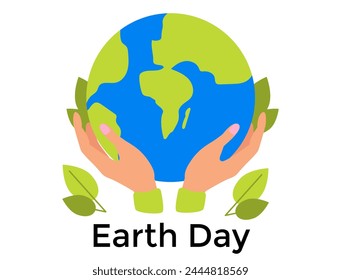 World earth day concept, hands holding globe with green leaves around. Save the planet, environmental problems.  Vector illustration.