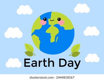 World earth day concept, kawaii smiling planet in clouds.  Save the planet, environmental problems.  Vector illustration.