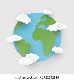 World Earth day concept. Paper cut style with world and clouds. Save the Earth concept. Vector illustration.