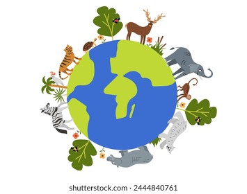 World earth day concept, planet with animals, flowers and trees around. Save the planet, go green, green planet, environmental problems. Vector illustration.